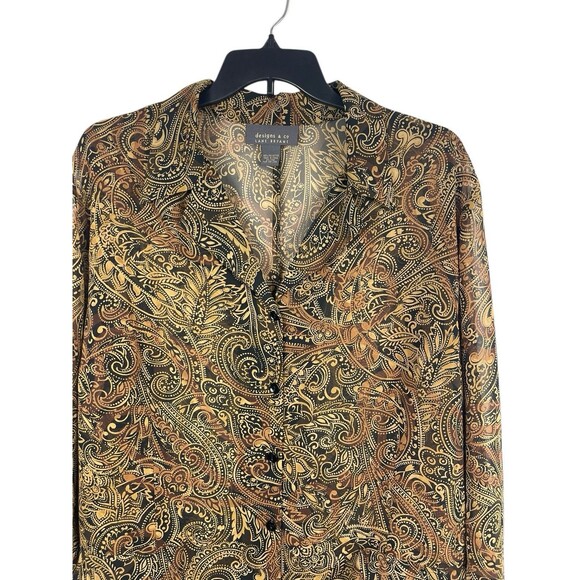 VTG Lane Bryant Designs & Co 22/24 Button Up Black Gold Paisley Tunic Sheer Top - Picture 2 of 11